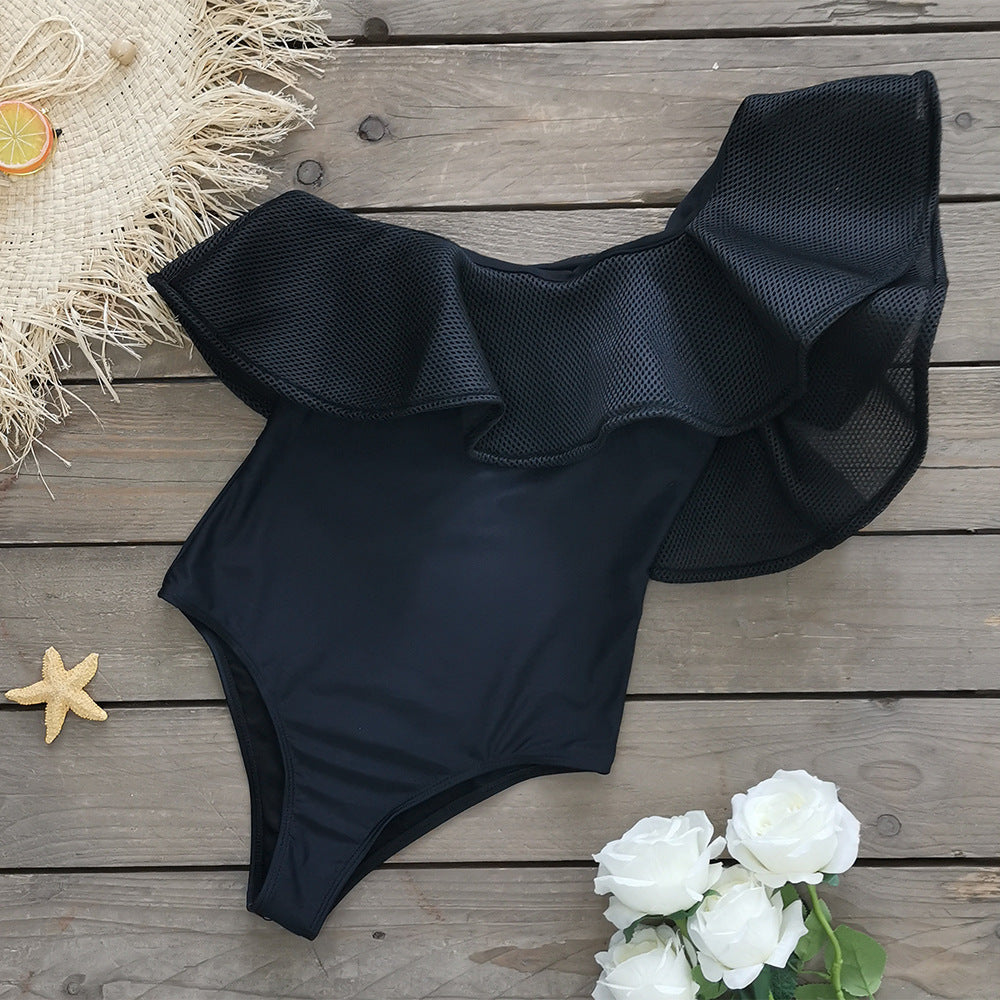 Black Ruffled One shoulder Swimsuit