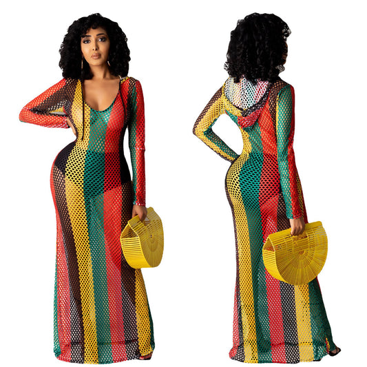 Color Mesh Beach Island Dress