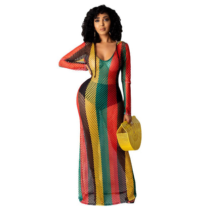 Color Mesh Beach Island Dress