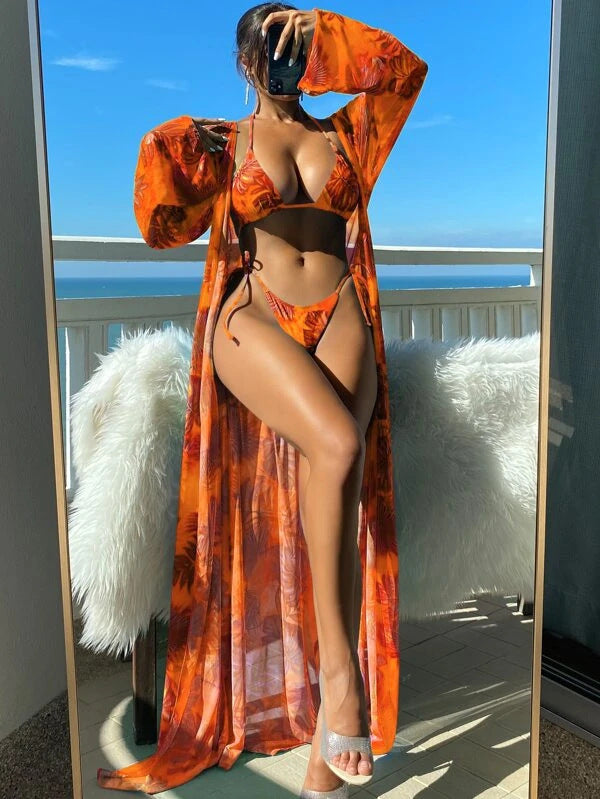 Beautiful Beach Flower Three Piece Bikini and Cover up