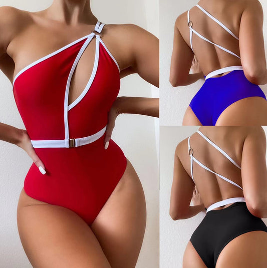 Belted Ladies One Piece Solid Color Swimsuit