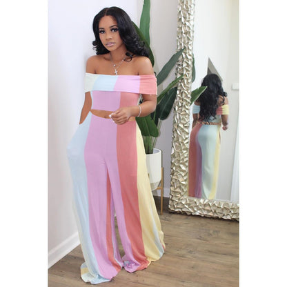 Loose Striped Off-shoulder Two-piece Set