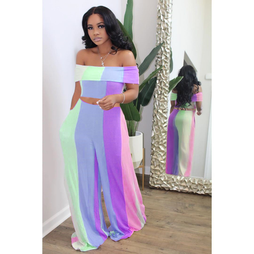 Loose Striped Off-shoulder Two-piece Set