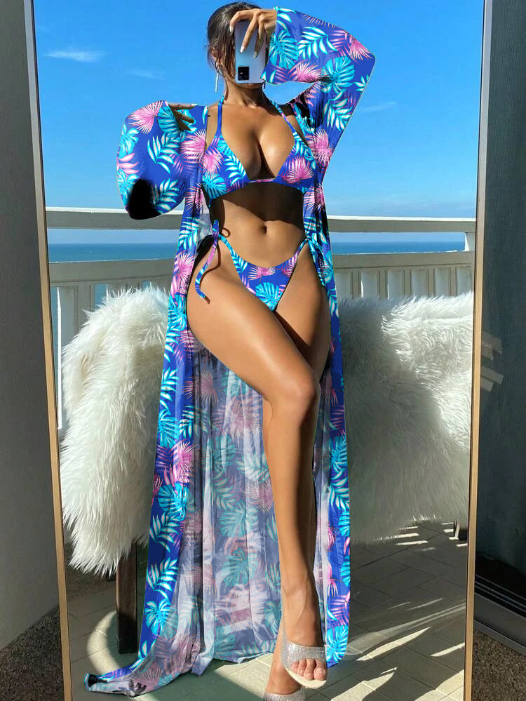 Beautiful Beach Flower Three Piece Bikini and Cover up