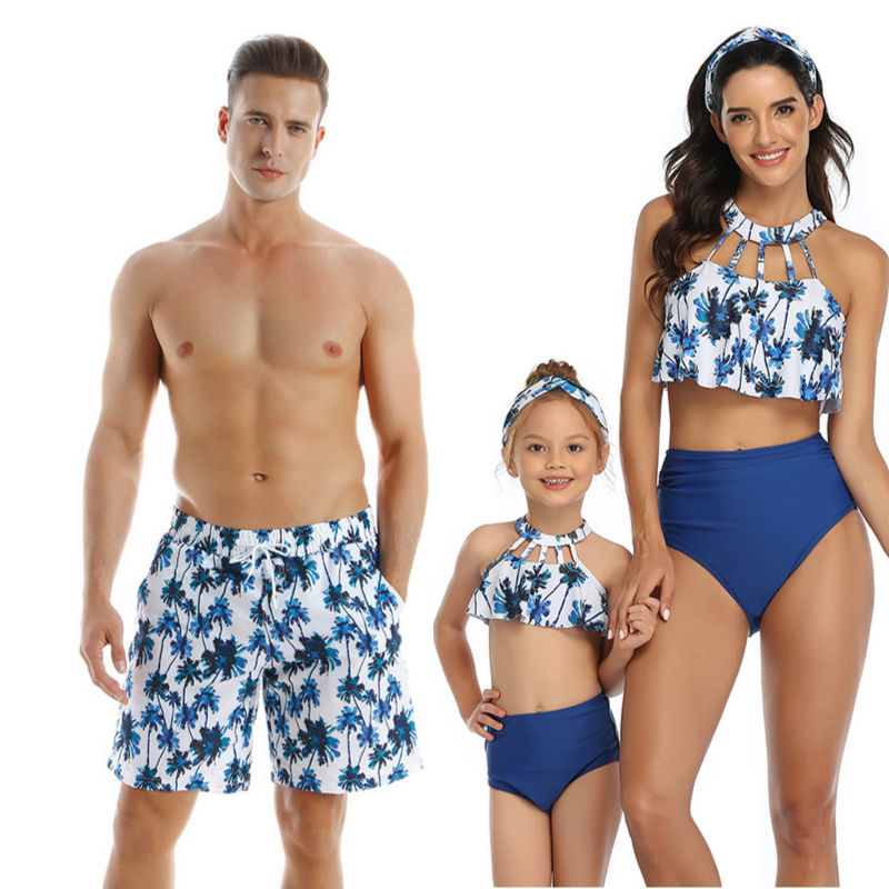 Blue Palm Tree Parent-child Swimwear Set